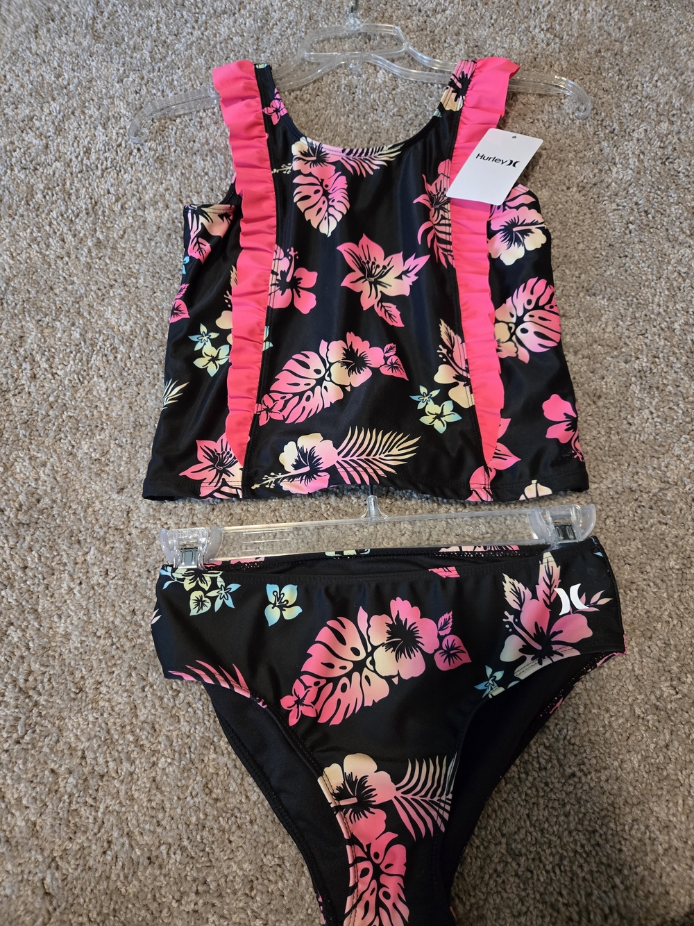 Hurley Black Floral Tankini with Neon Pink Ruffle